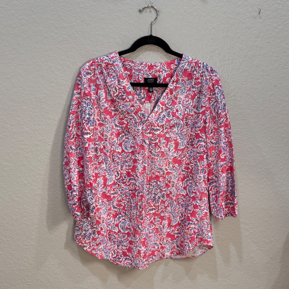Jones New York Signature Pink Floral Paisley Linen Blend Blouse Beachy Coastal M